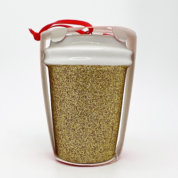 Starbucks Ornament Coffee Cup 2018 Mug Travel Hot Ceramic Gold Glitter New NWT